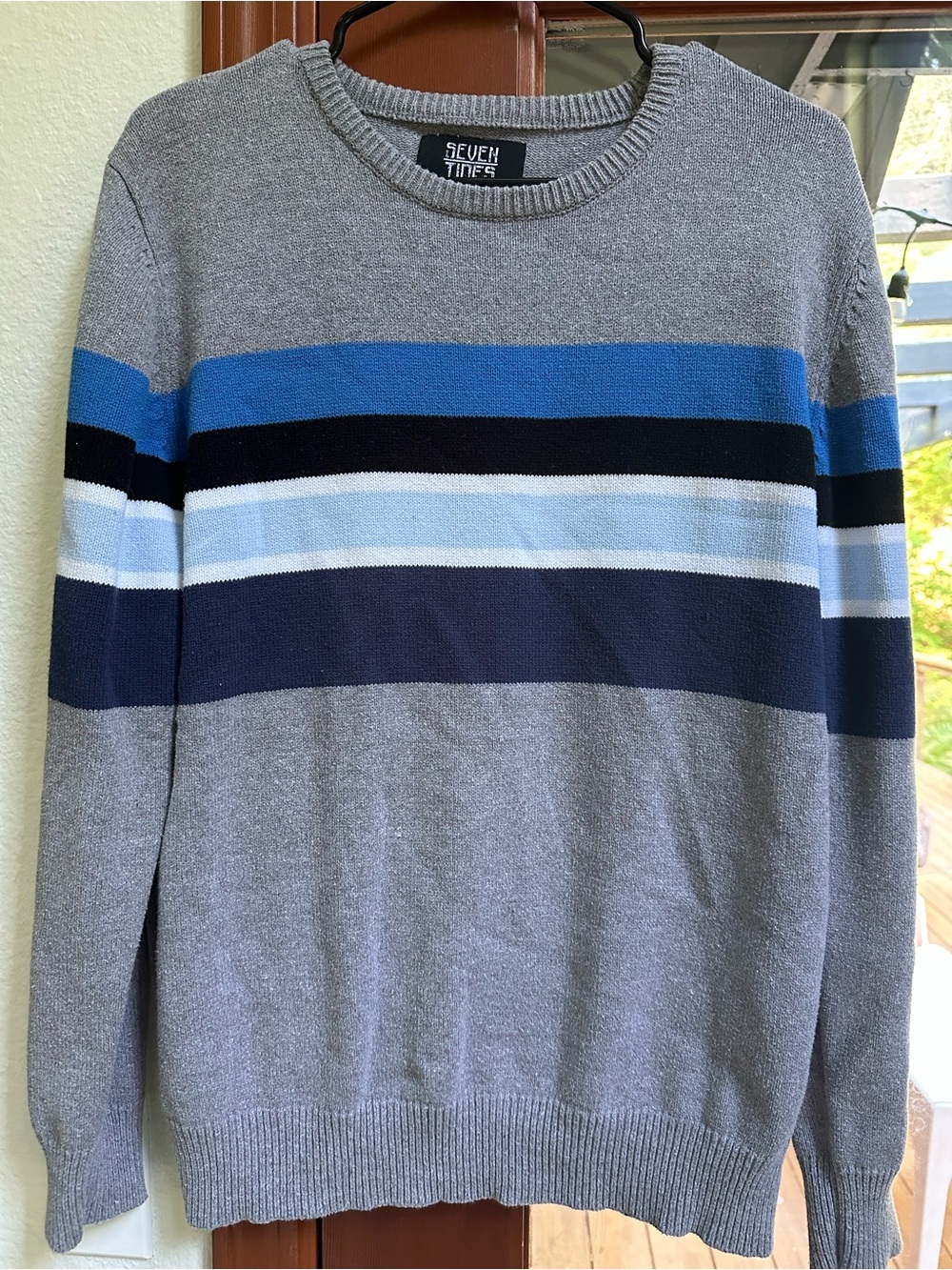Men's Gray Crewneck Sweater with Stripes - Size L